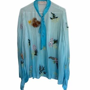 Anthropologie Là Fuori Silk Beaded Fish Blouse Sheer Aqua Embroidered Boho